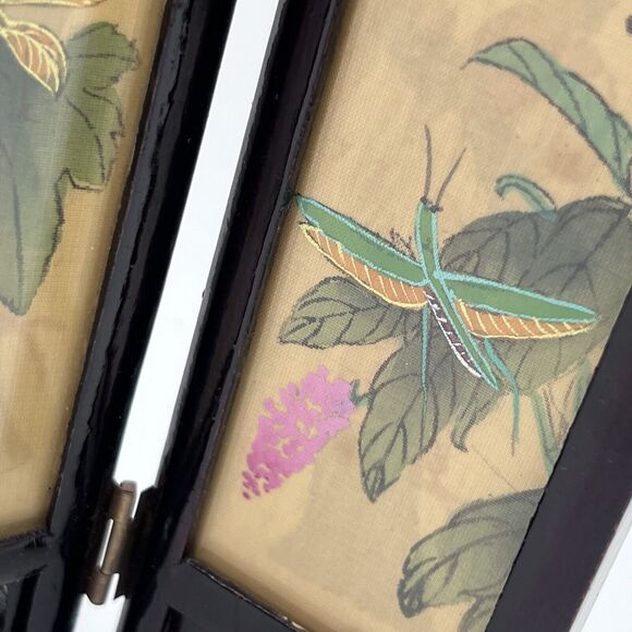 Vtg Asian Miniature Oriental 4 Panel Tabletop ScreenGeisha Insect Garden 7\